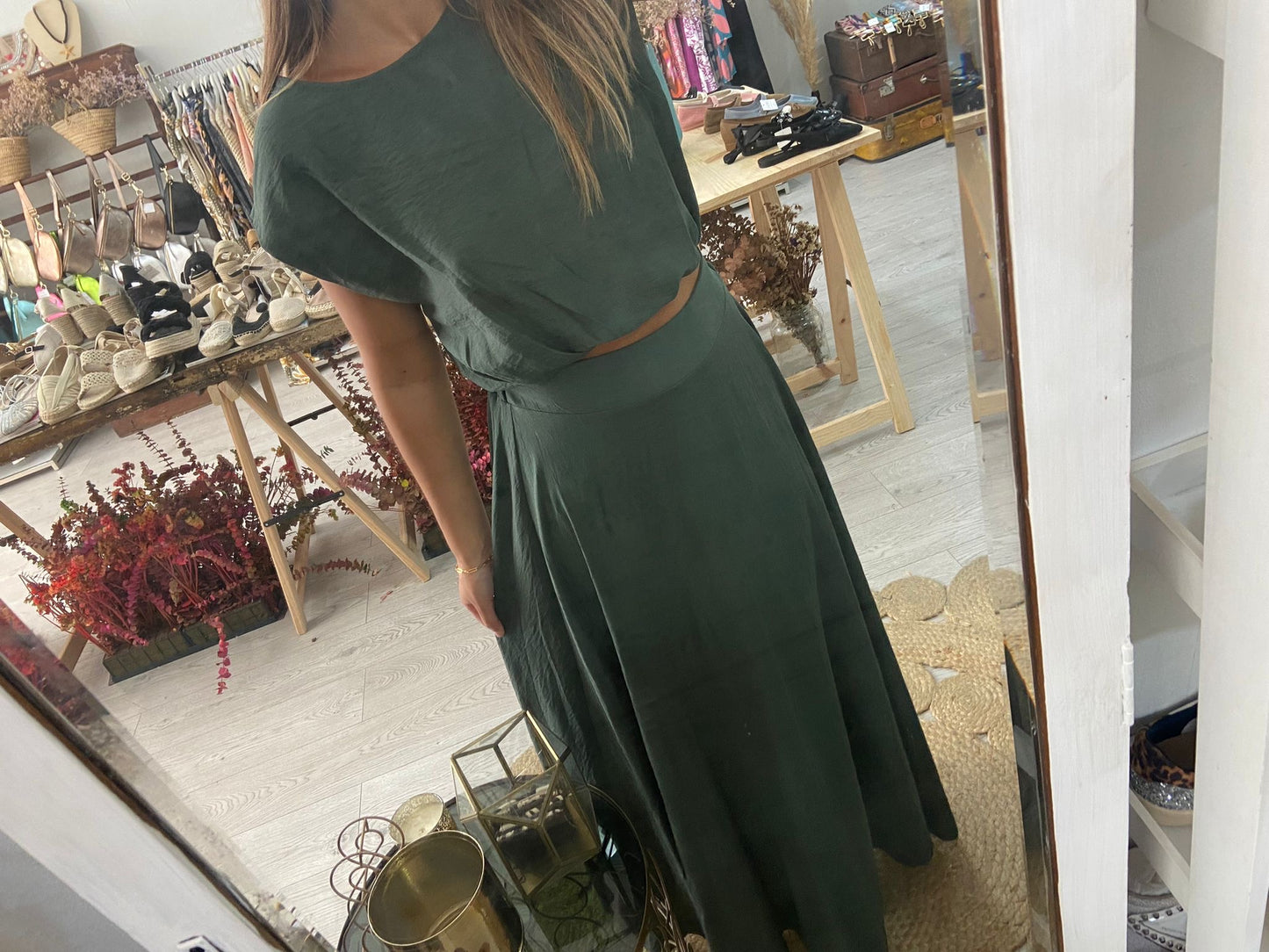 Conjunto túnica e saia caqui