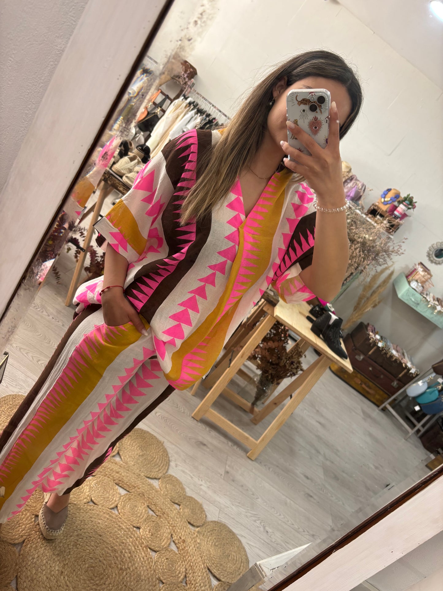 Conjunto estampado geométrico rosa/laranja/verde