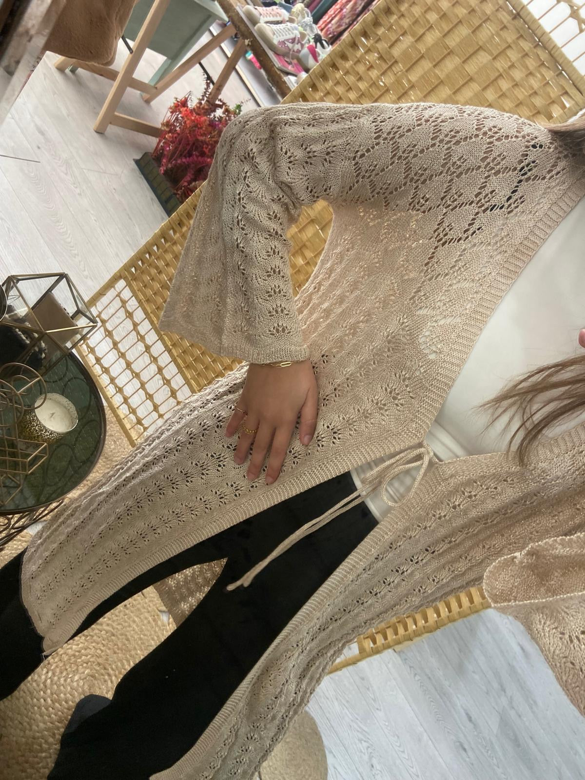 Beige lurex midi crochet kimono with TS.Bengala tie