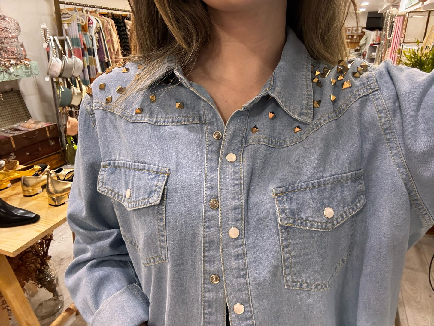 Denim shirt with shoulder appliqués