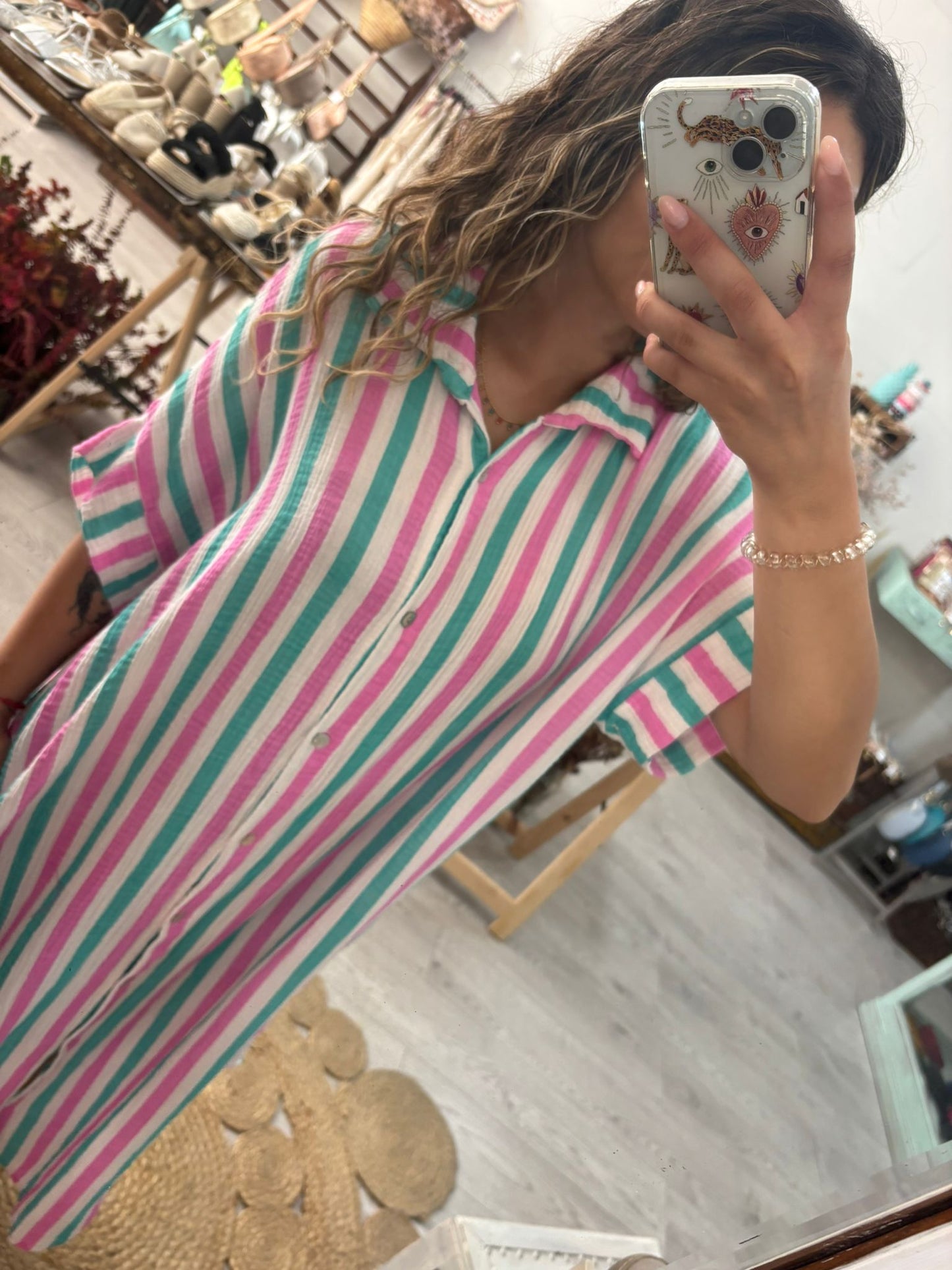 Vestido/Kaftan riscas verde/rosa