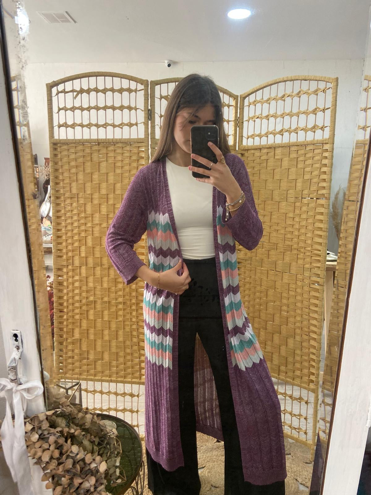 Kimono midi de lúrex con ziz zag morado