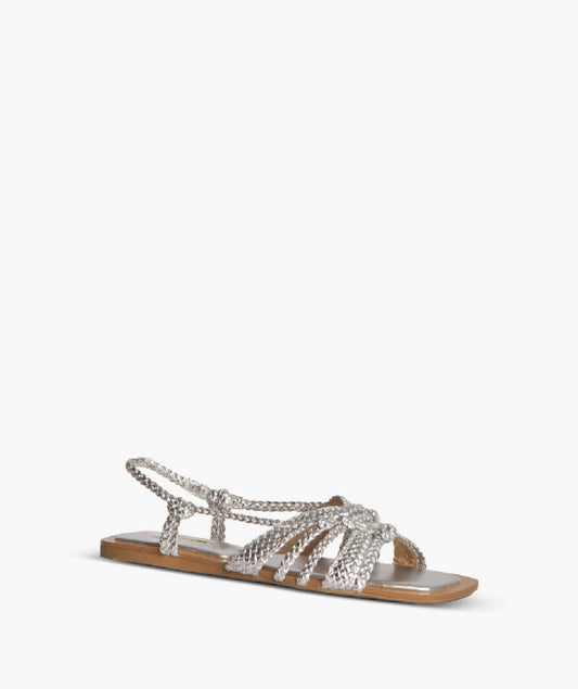 Sandálias rasa camel tiras trança prateadas fivela