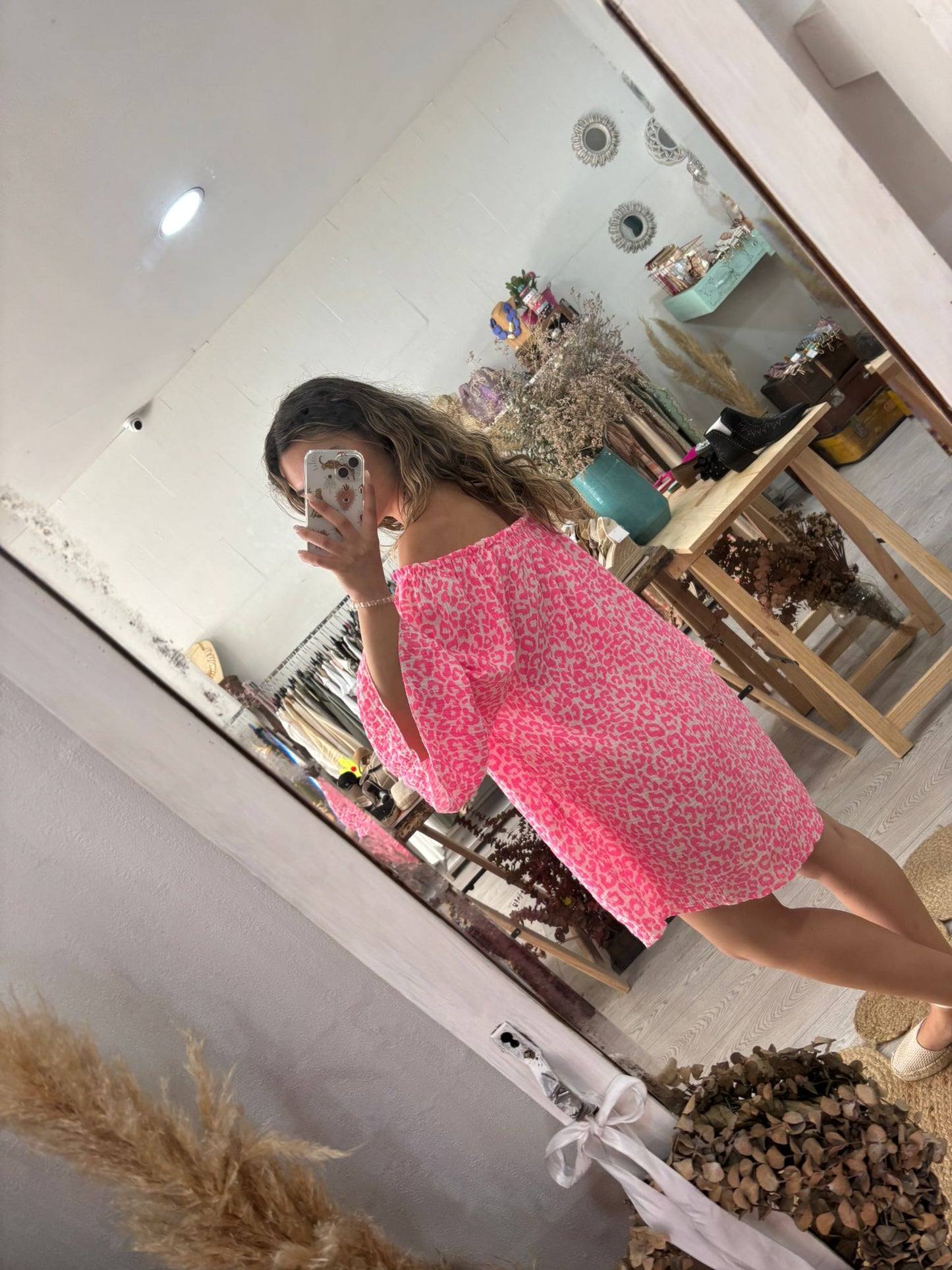 Vestido animal print caqui/laranja ombros elásticos
