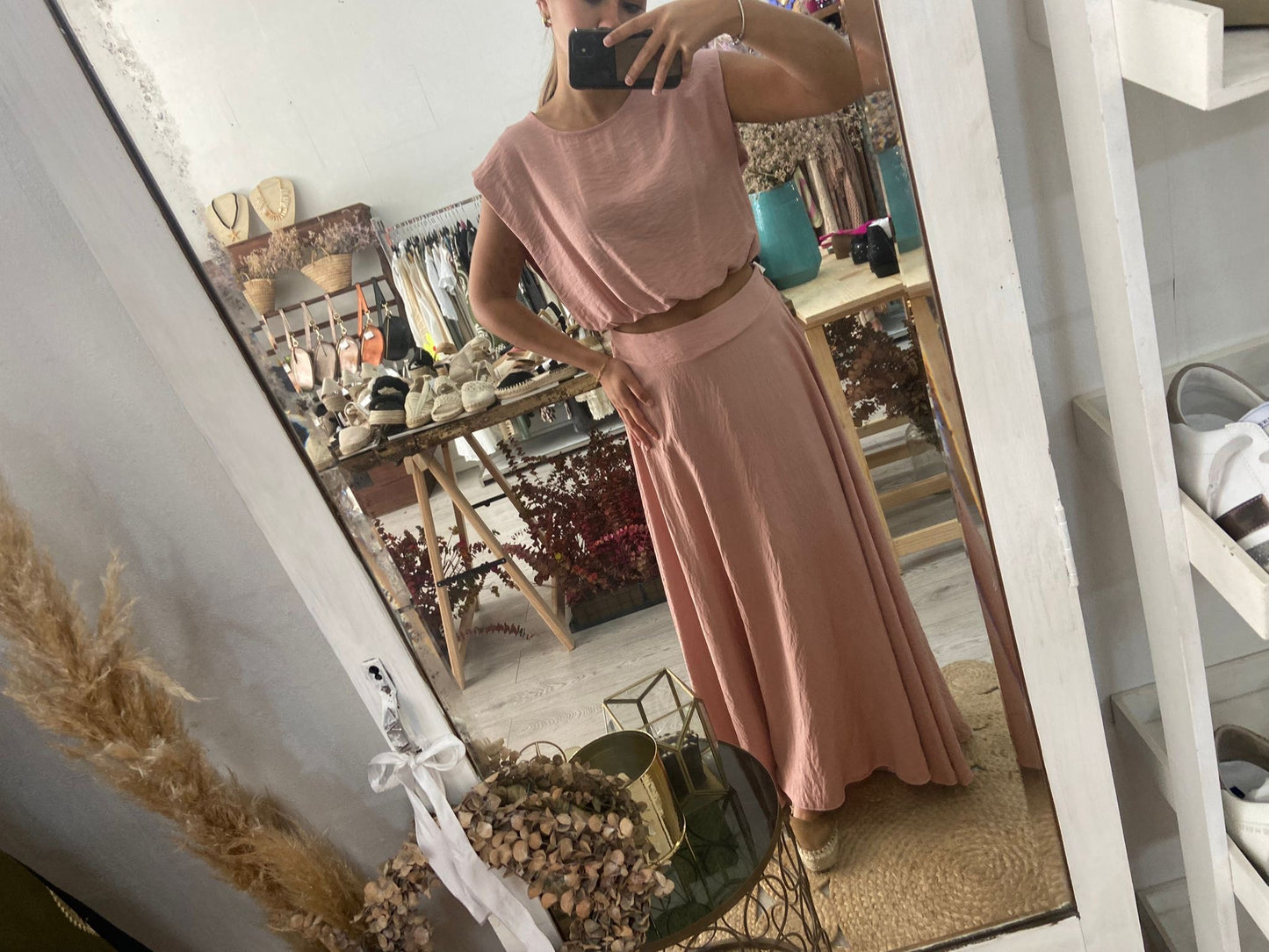Conjunto túnica e saia caqui