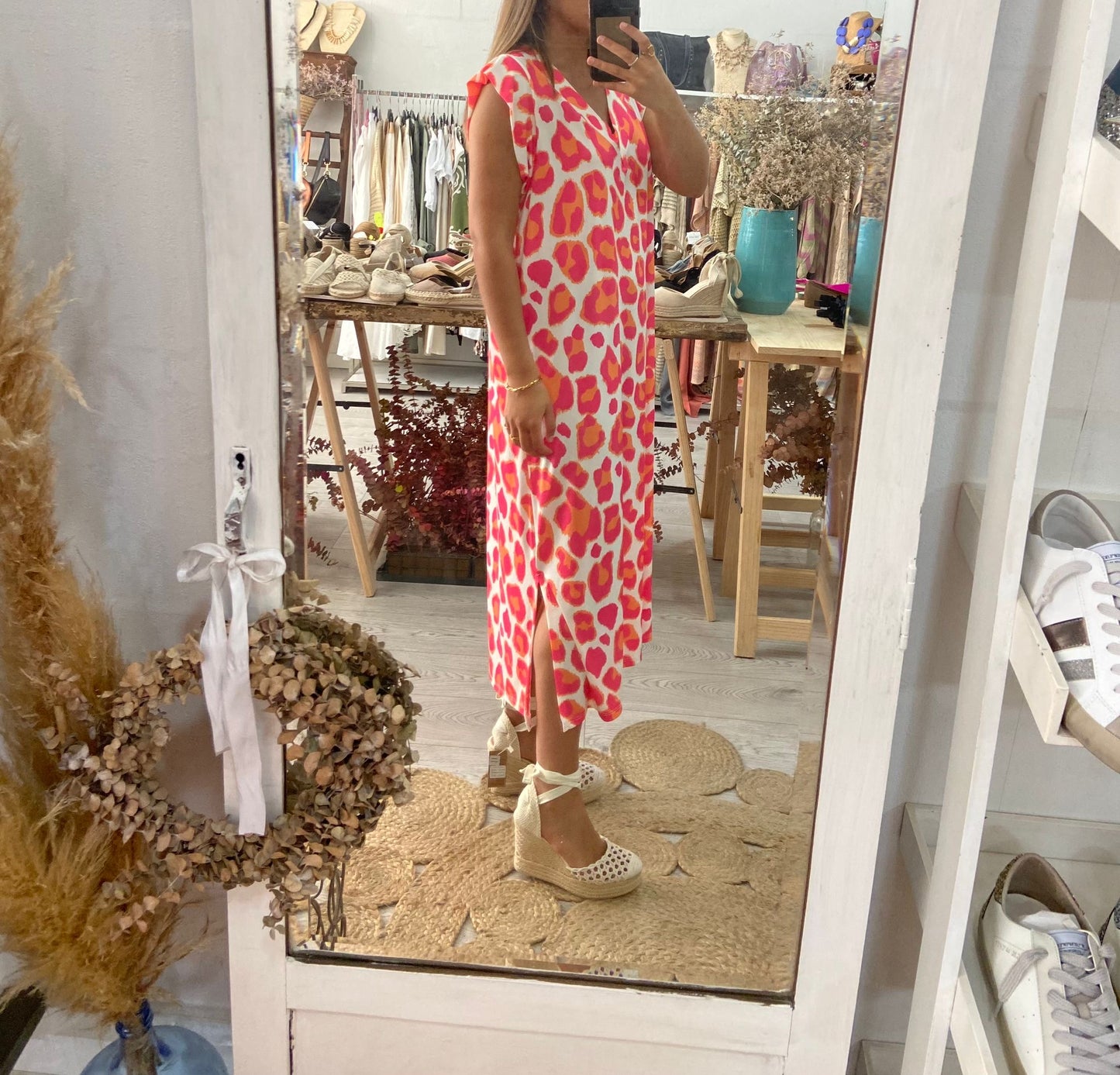 Vestido animal print laranja/rosa