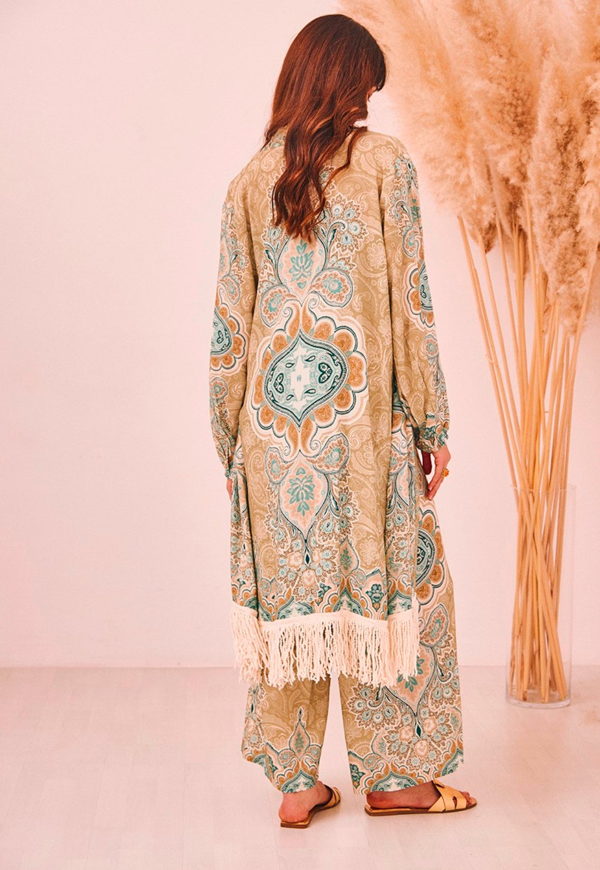 Kimono estampado verde con flecos GF.lasha