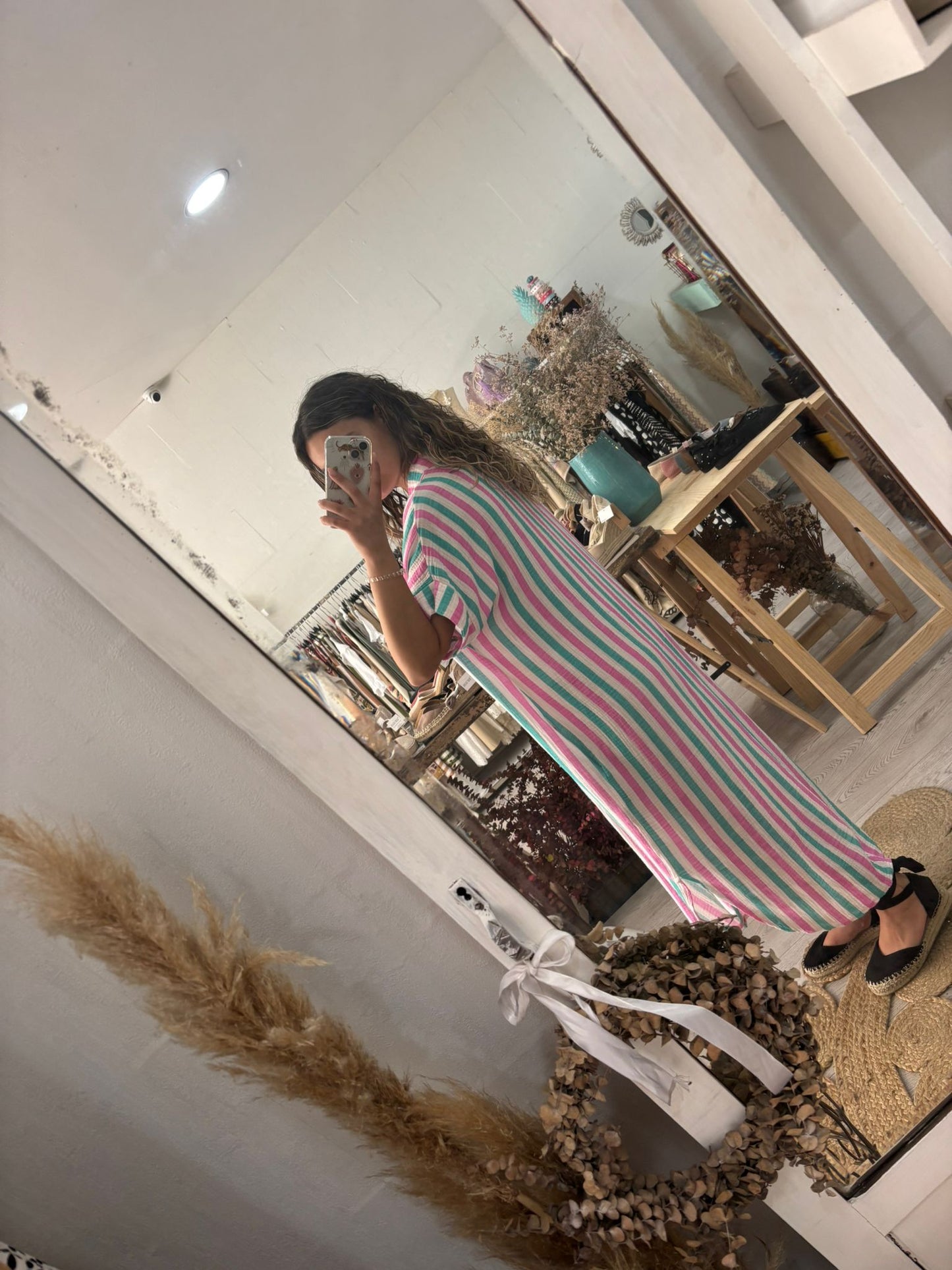 Vestido/Kaftan riscas verde/rosa