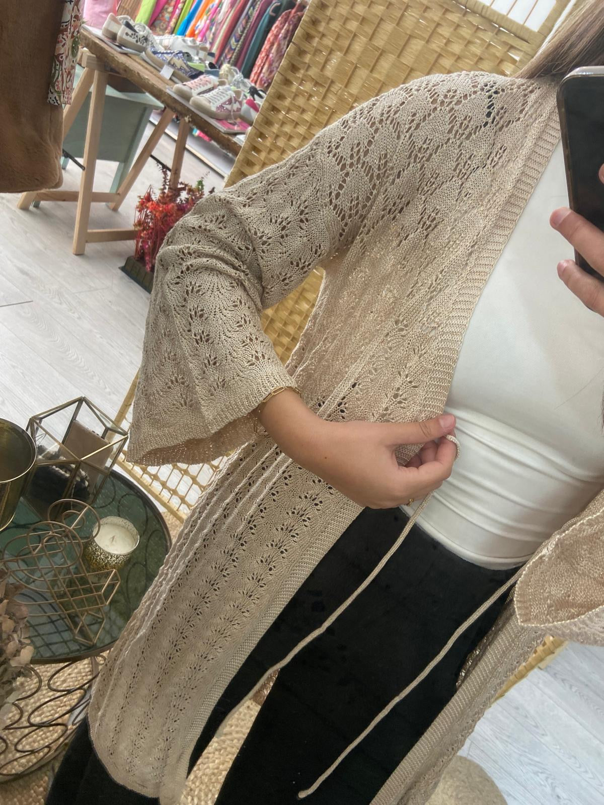 Beige lurex midi crochet kimono with TS.Bengala tie