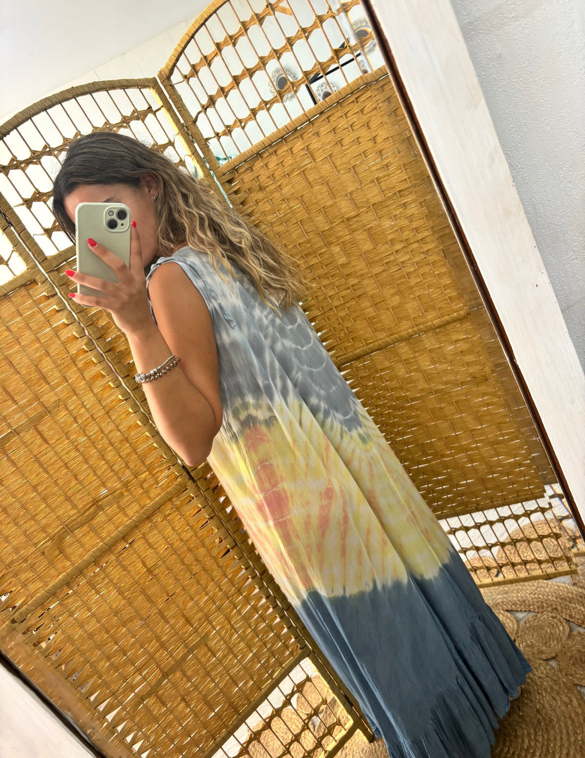 Vestido tie dye bege/camel/ turquesa alça ajustável