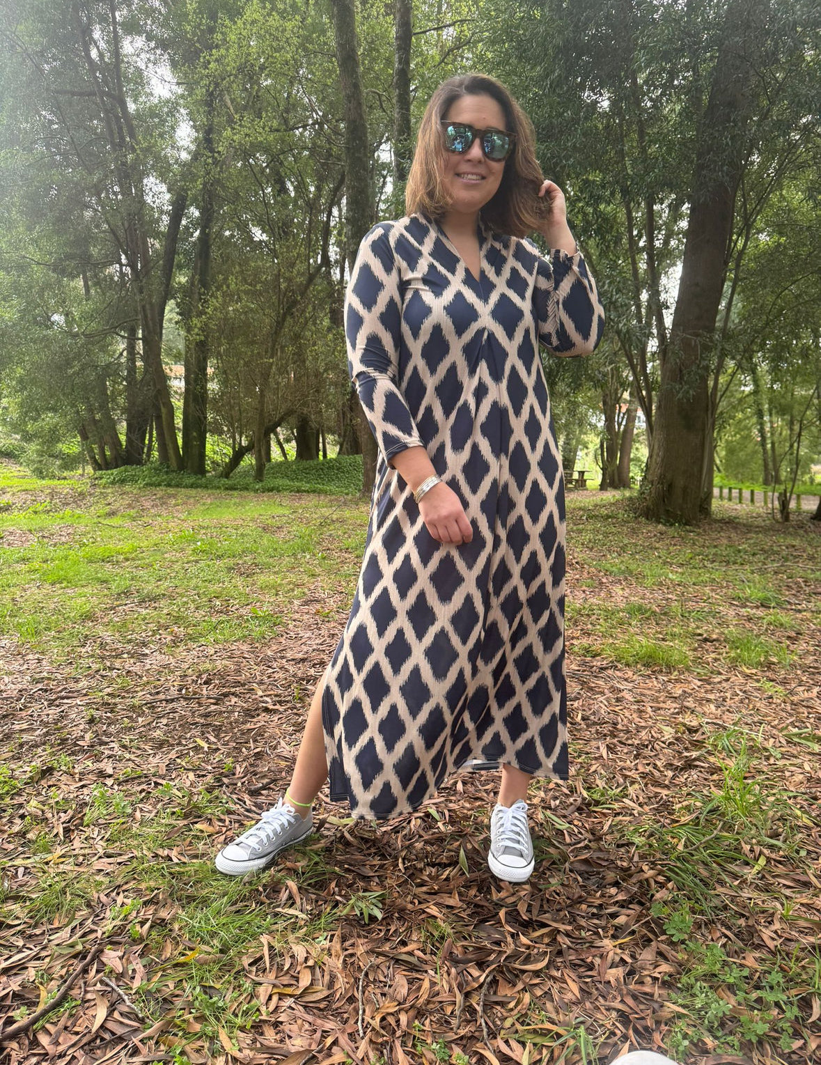 Vestido estampado geométrico rosa malha fria