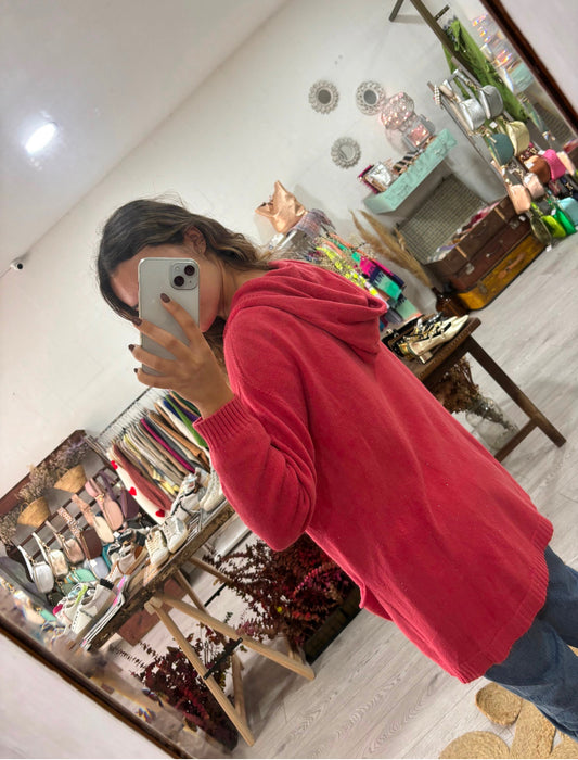 Casaco coral lurex capucho e bolsos