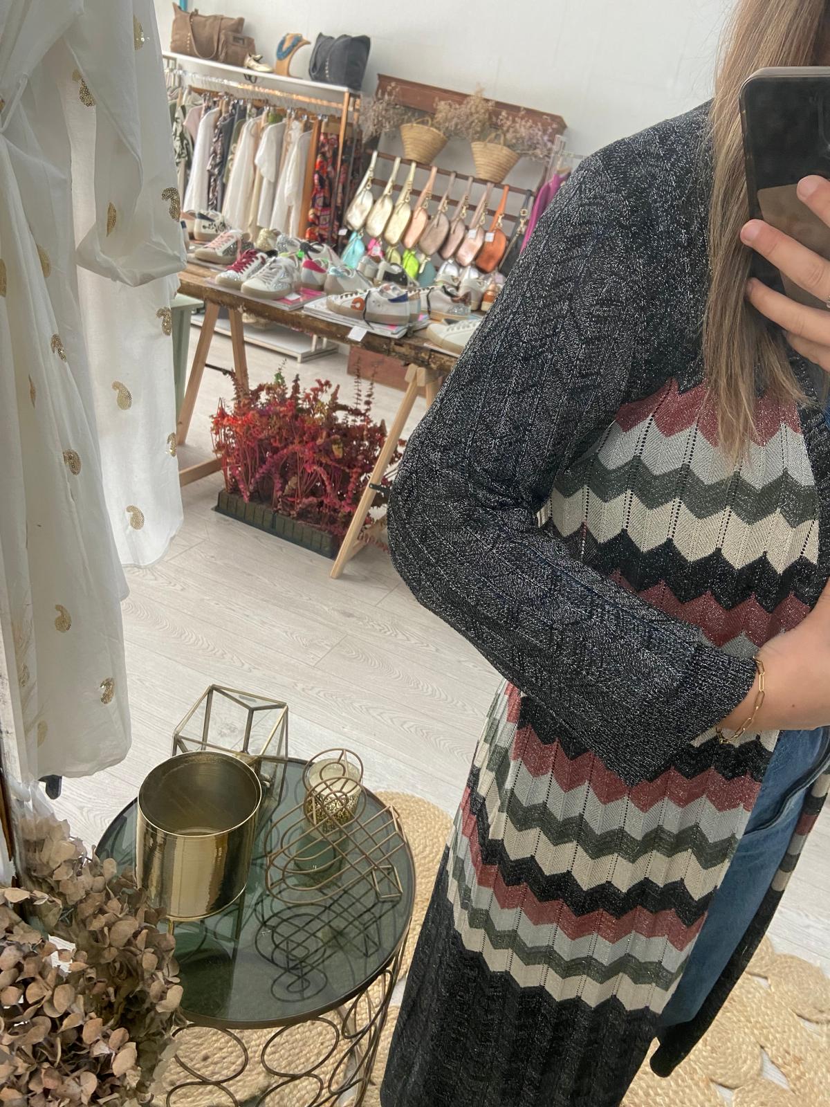 Kimono midi preto ziz zag tricolor lurex