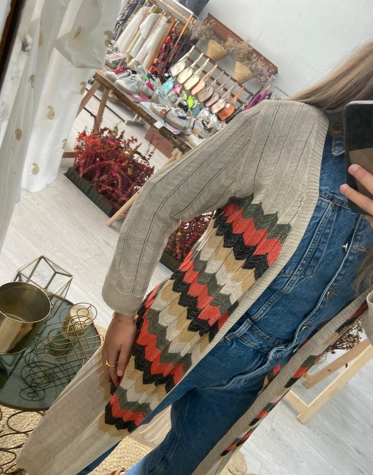 Kimono midi bege ziz zag tricolor lurex