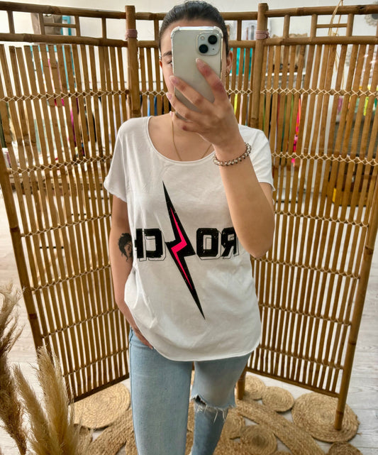 Tshirt Rock com raio rosa néon e laranja