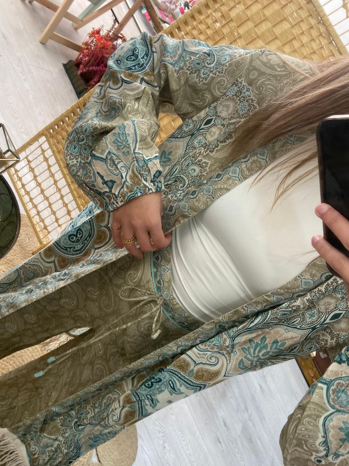 Kimono estampado verde con flecos GF.lasha