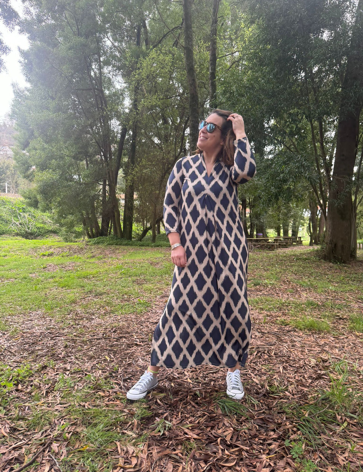 Vestido estampado geométrico rosa malha fria