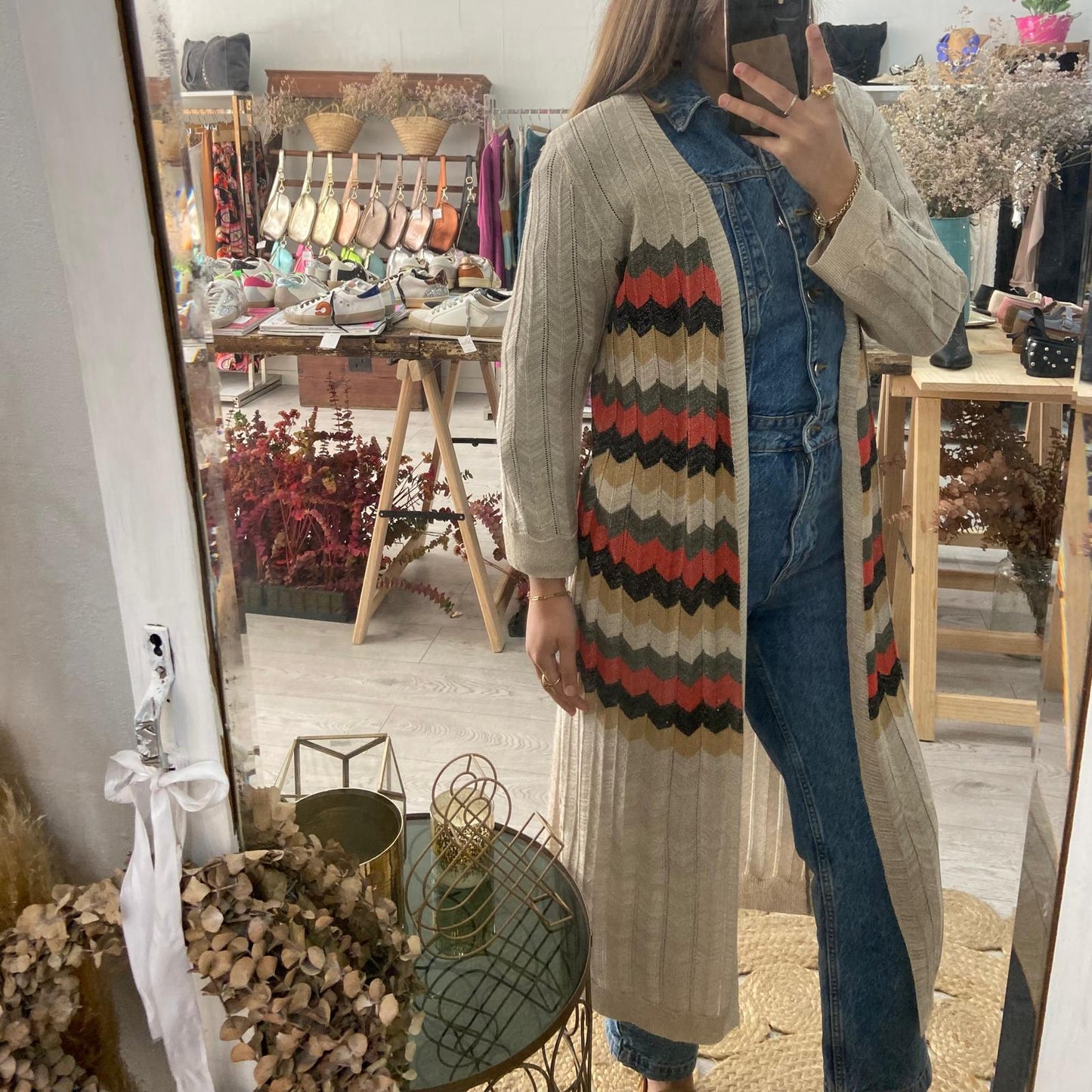 Kimono midi bege ziz zag tricolor lurex