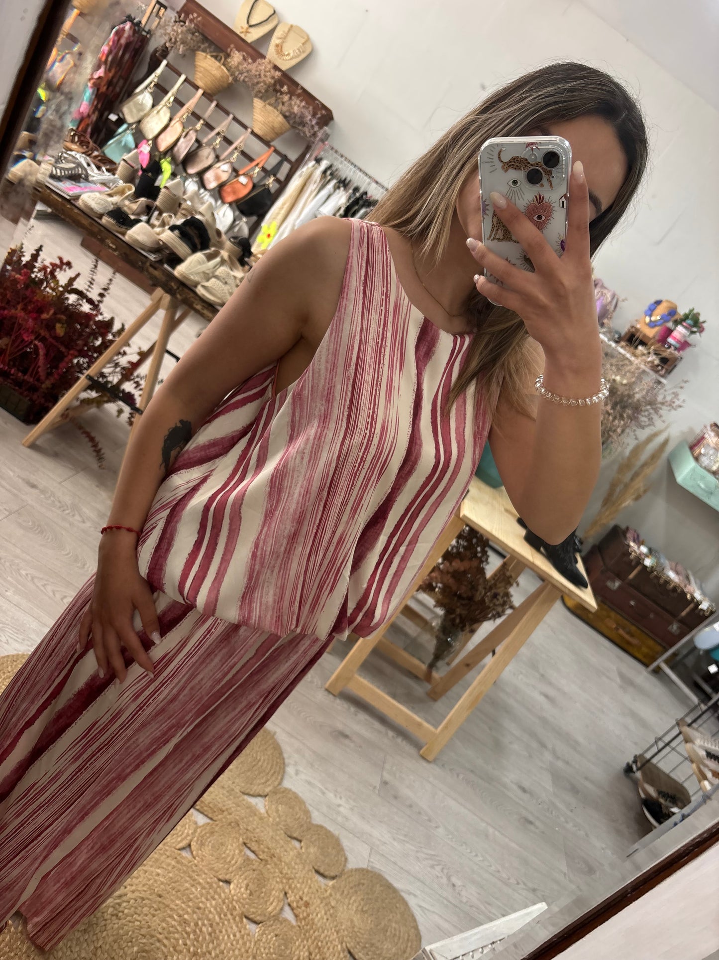 Conjunto túnica e calças riscas rosa
