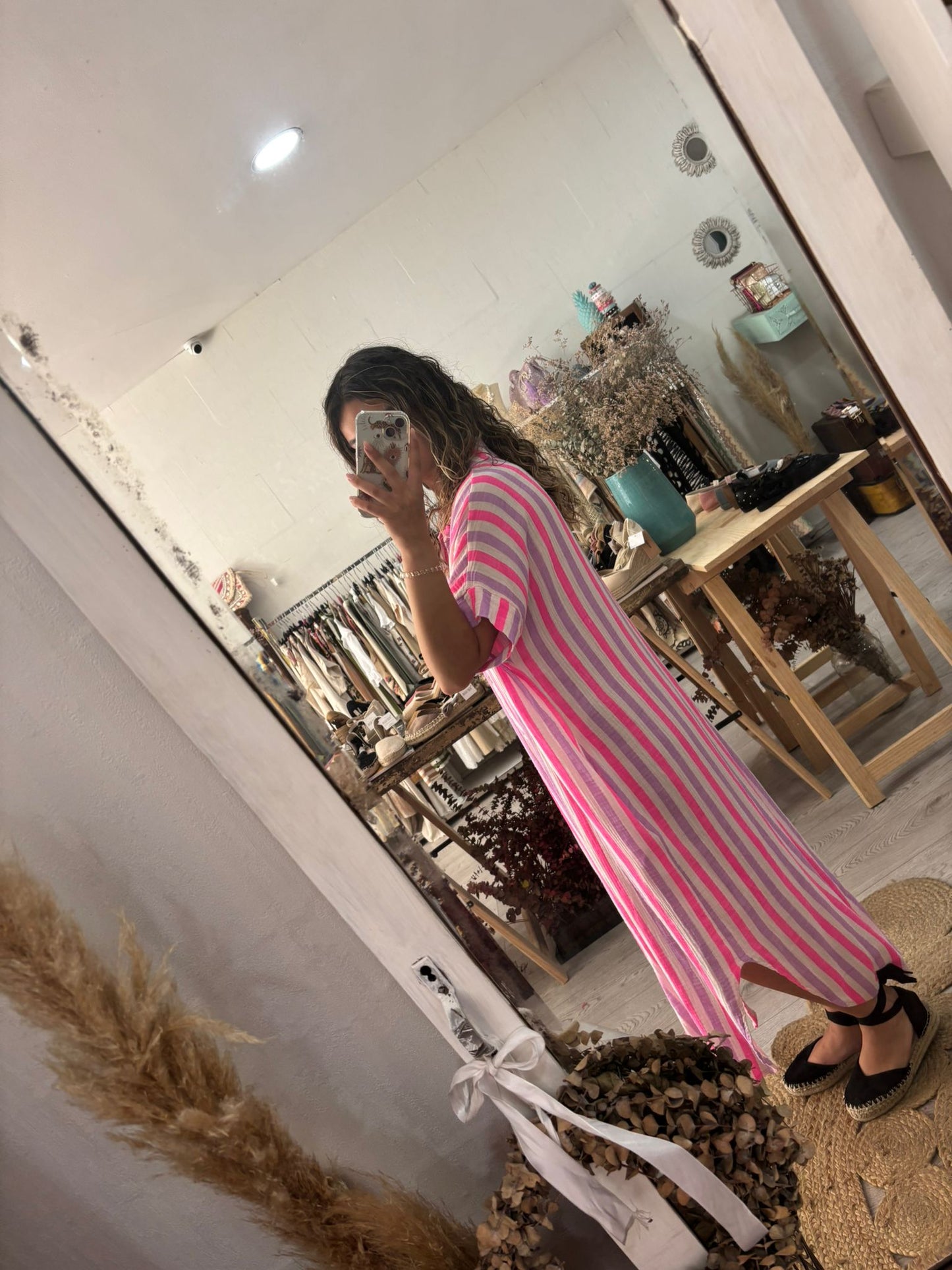 Vestido/Kaftan riscas verde/rosa