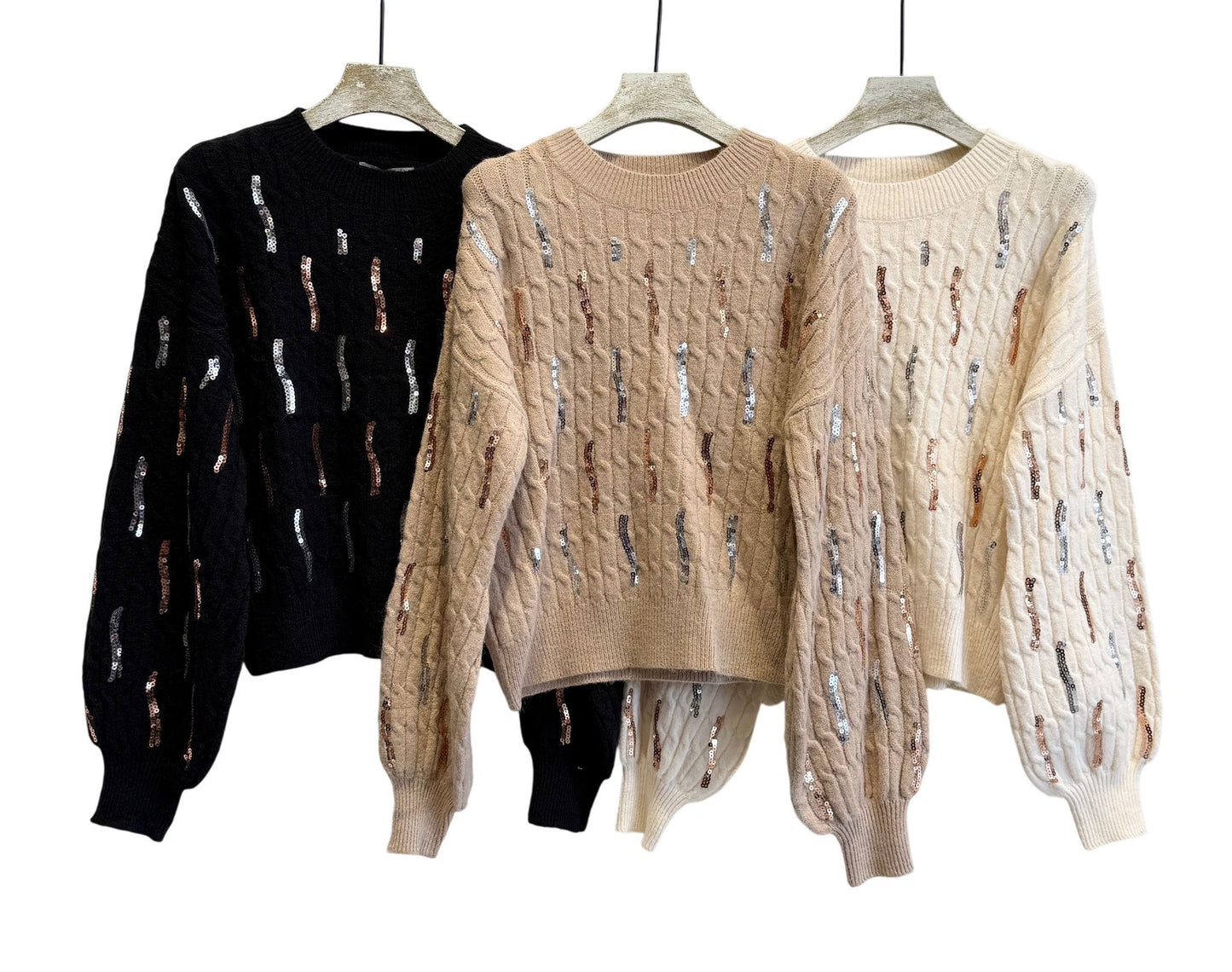 Camisola bege lantejoulas bronze e prata