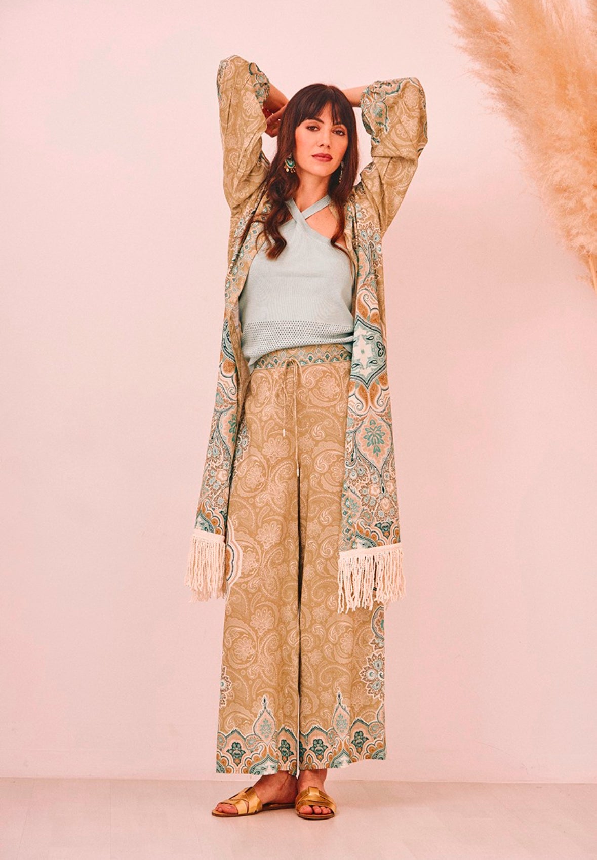 Kimono estampado verde con flecos GF.lasha
