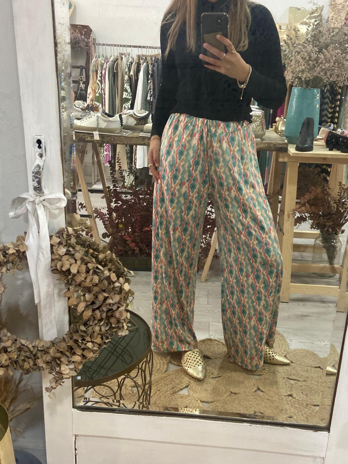 Pantalonas estampado verde/camel/preto