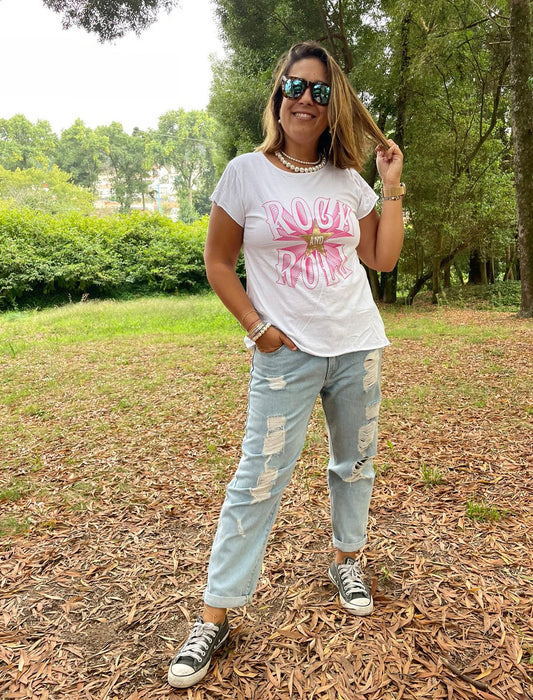 Tshirt Rock & Roll rosa dourado