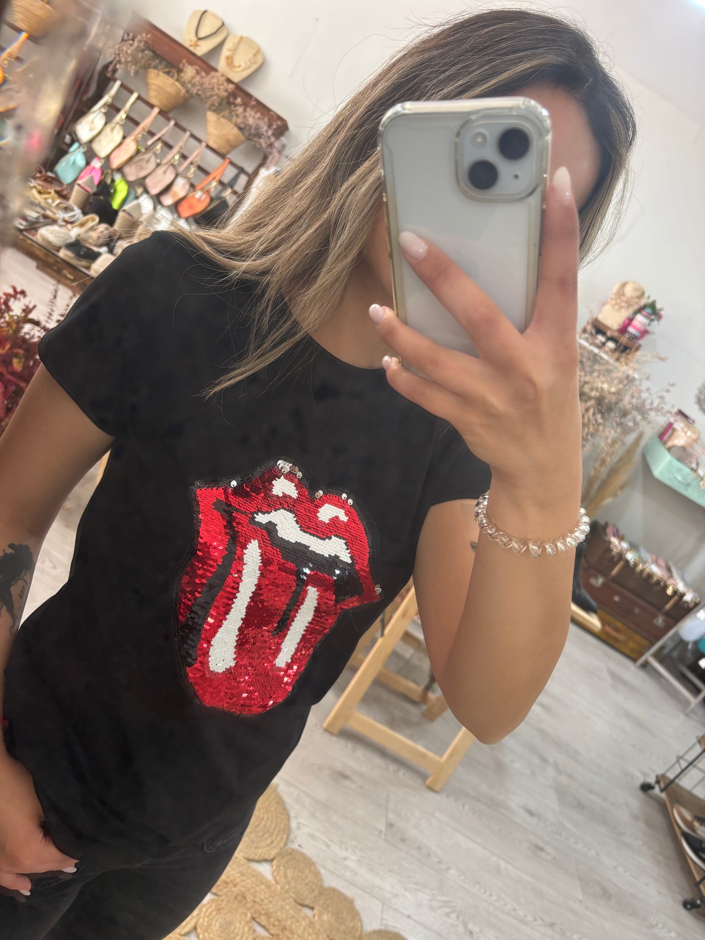 Tshirt branca The Rolling Stones em lantejoulas
