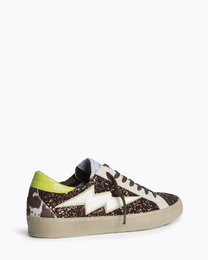 Sapatilhas glitter café raio branco padrão vaca atrás