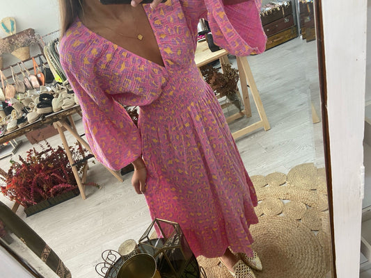 Vestido algodão rosa animal print lilás/amarelo