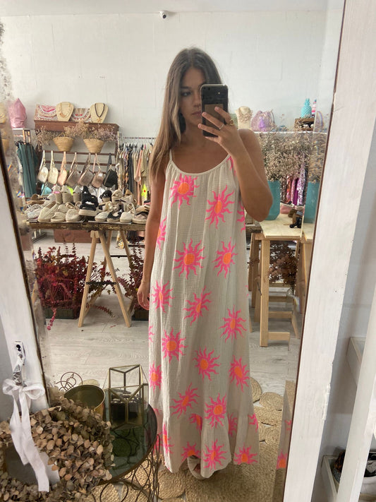 Vestido bege com sol rosa/laranja