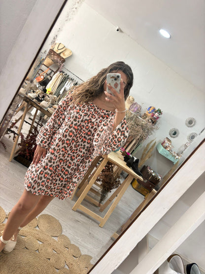 Vestido animal print caqui/laranja ombros elásticos