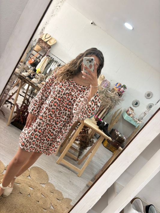 Vestido animal print caqui/laranja ombros elásticos
