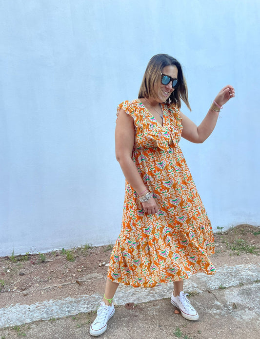 Vestido laranja estampado alças com folho