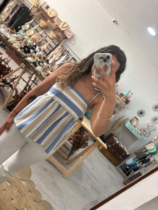 Túnica riscas azul/bege/branco