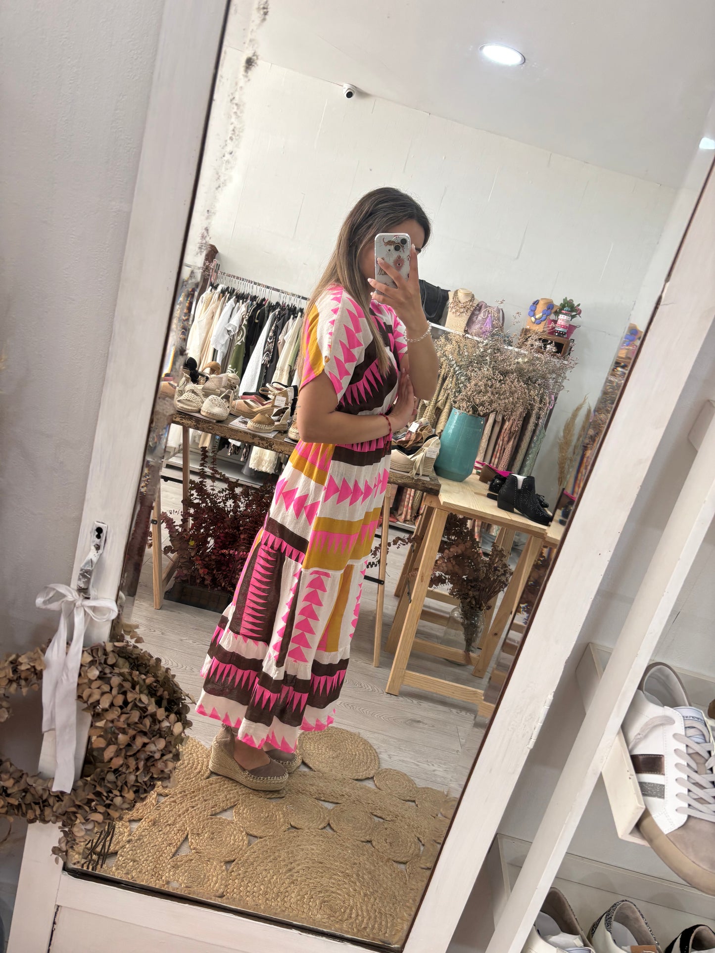 Vestido estampado geométrico rosa/laranja/verde
