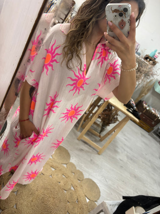 Vestido/kaftan branco com sol laranja/rosa