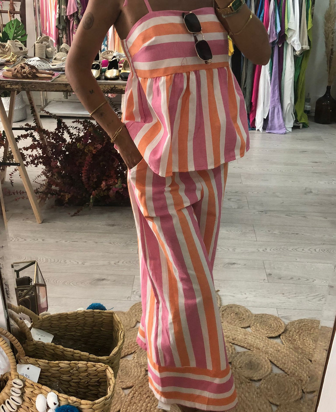Conjunto riscas rosa/laranja/branco