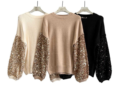 Camisola cru lantejoulas nas mangas