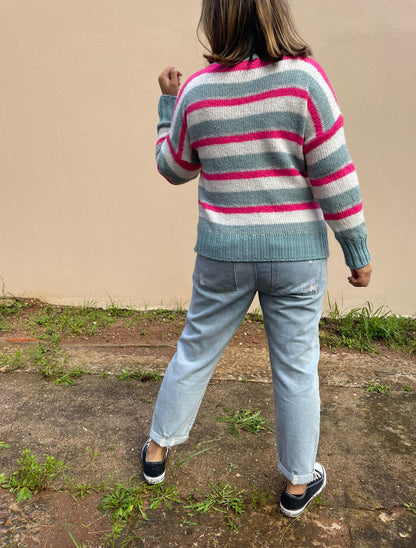 Camisola de malha riscas rosa, cinza e branco