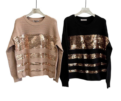 Camisola camel canelada com lantejoulas bronze às riscas