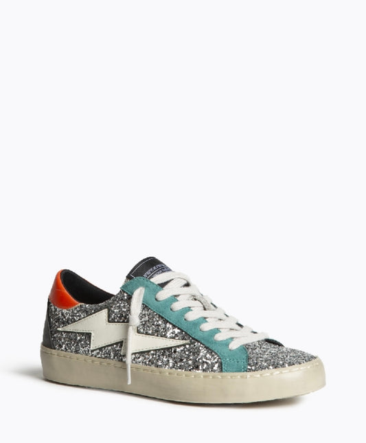 Sapatilhas glitter prata raio branco com detalhes laranja e esmeralda