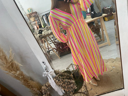 Vestido algodão riscas verde/rosa