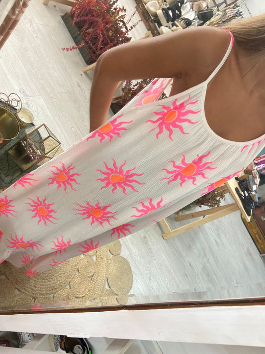 Vestido branco com sol rosa/laranja