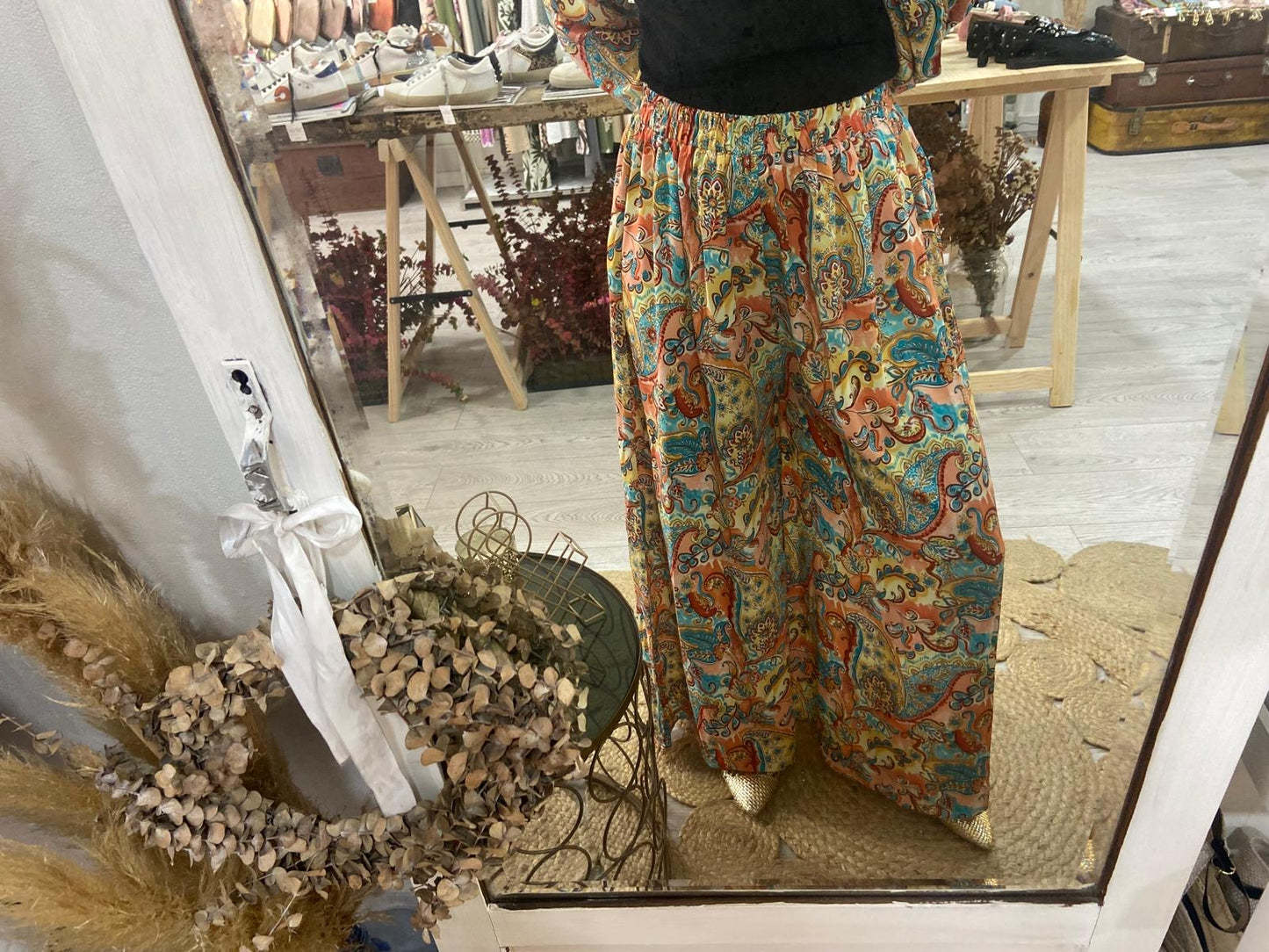 Conjunto Kimono e calças estampado étnico laranja/turquesa