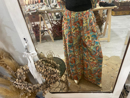 Conjunto Kimono e calças estampado étnico laranja/turquesa