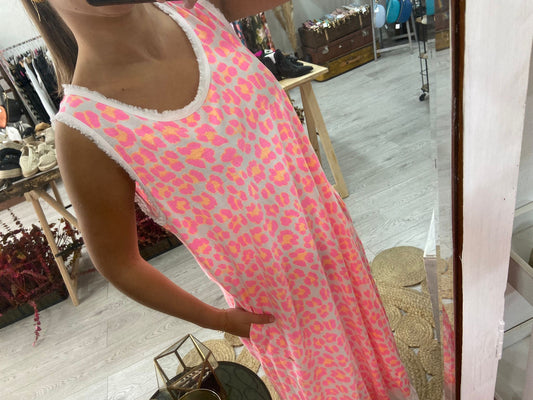 Vestido animal print rosa/laranja folho