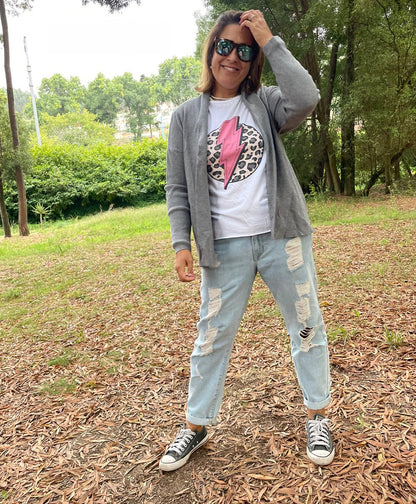 Casaco curto cinzento malha canelada