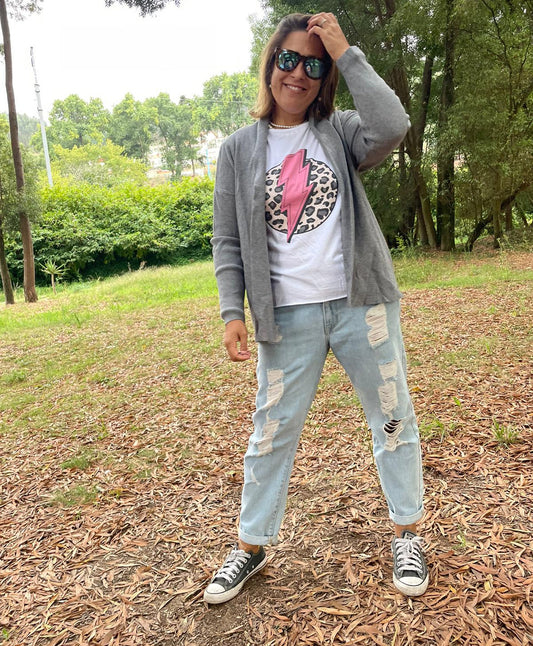 Casaco curto cinzento malha canelada